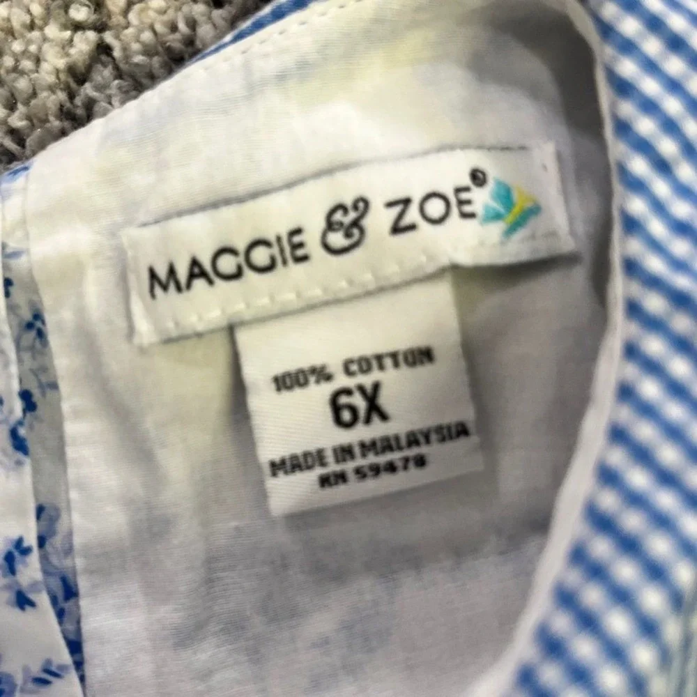 Maggie & Zoe Girls Blue White‎ Floral Gingham Peter Pan Collar Dress Size 6X
